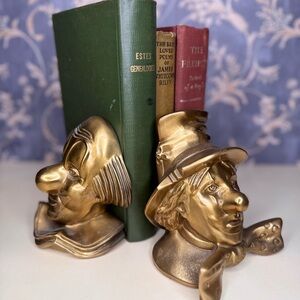 Vintage Estate Heavy Brass Clown Bust Bookends Pair | Sculptural Gold Tone Décor